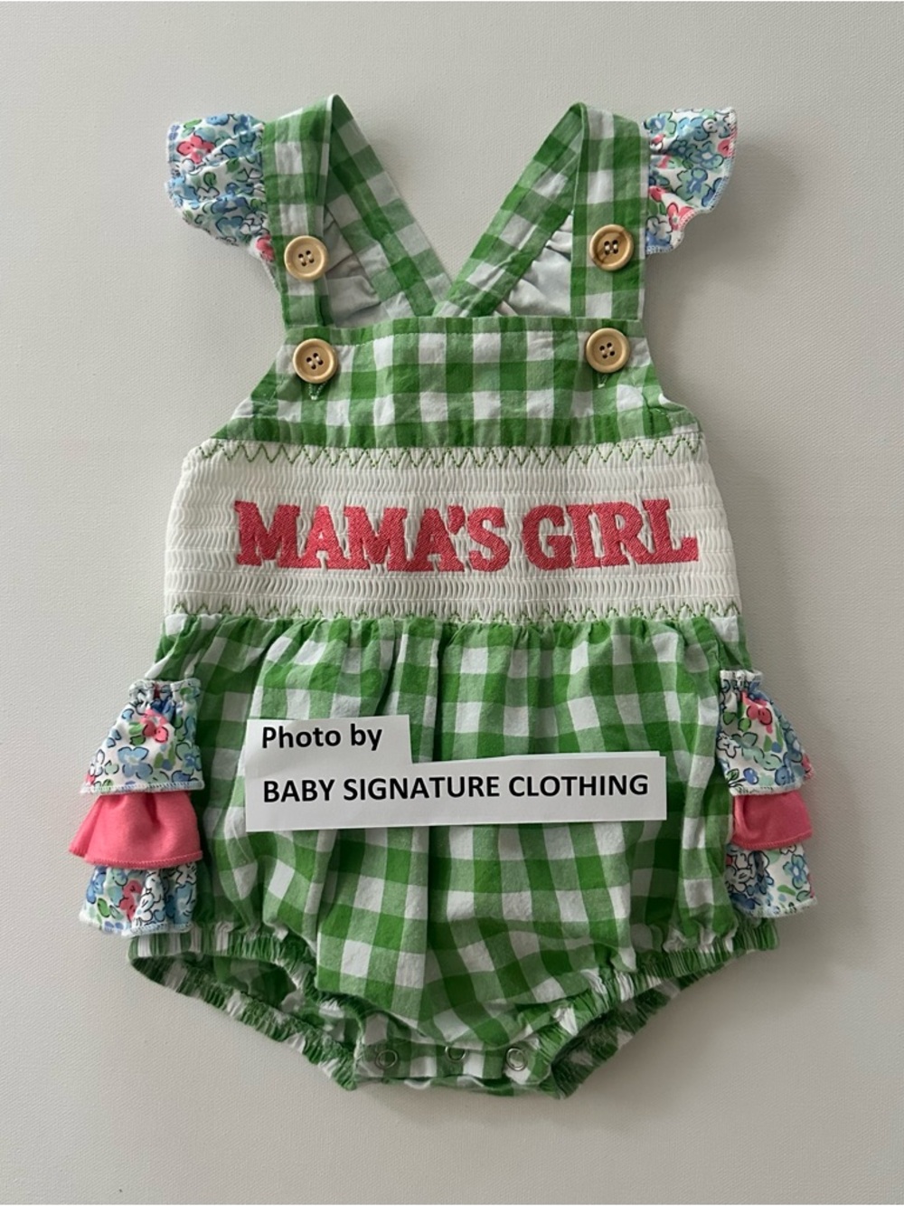 Marie Nicole 18-24 Months Baby Bubble Smocked Ruffle Plaid "Mama's Girl" Romper